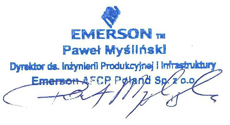 Podpis i pieczęć z listu referencyjnego: Paweł Myśliński, Emerson AFCP Poland Sp. z o.o.