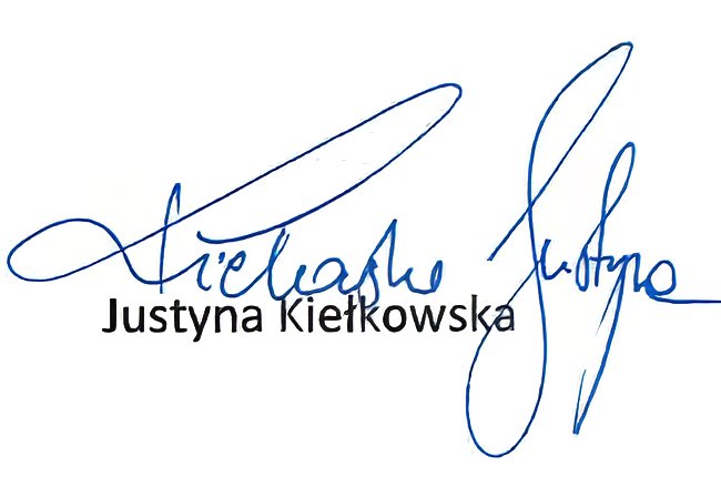 Podpis i pieczęć z listu referencyjnego: Justyna Kiełkowska, Mokate Sp. z o.o.