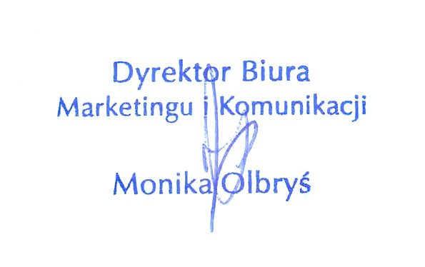 Podpis i pieczęć z listu referencyjnego: Monika Obryś, Polska Wytwórnia Papierów Wartościowych